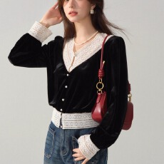 批发法式复古丝绒<b class='q'>衬衫</b>女秋冬V领长袖打底<b class='q'>衬衣</b>拼接内搭短款上衣