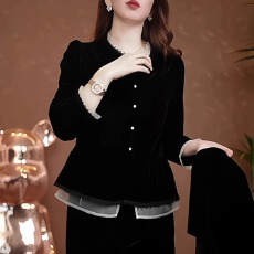 批发<b class='q'>蕾丝</b>拼接丝绒衬衫外套女秋冬新款高端洋气长袖小衫假两件开衫上衣