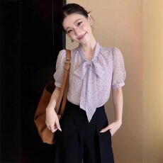 2026夏季新款通勤风韩版时尚气质显瘦泡泡袖短袖紫色系带衬衫上衣