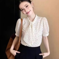 批发2026夏季新款通勤风<b class='q'>韩版</b>时尚气质显瘦泡泡袖短袖紫色系带衬衫上衣