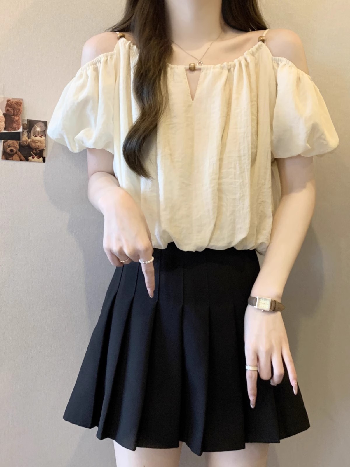 MY11488# 原版做工高级感泡泡袖衬衫夏季新款微胖MM绝美露肩上衣女裝貨源服裝批發