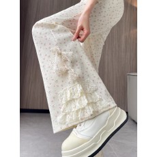 批发美式碎花蕾丝拼接微喇叭裤女夏季2025新款高腰显瘦马蹄休闲拖地裤