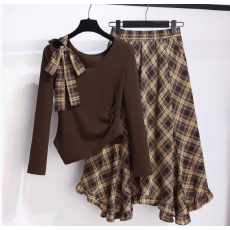 批发不规则斜肩长袖上衣<b class='q'>雪纺</b>格纹半身裙女套装薄款2025早秋新款连衣裙