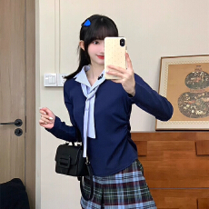 批发韩系格子拼色绑带polo领长袖女荷叶边拼接假两件甜妹收腰短款<b class='q'>t</b><b class='q'>恤</b>