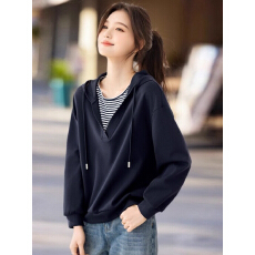 批发秋冬季新款连帽拼接撞色条纹假两件设计上衣时尚洋气显瘦内搭<b class='q'>卫衣</b>