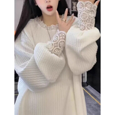 批发韩系中长款蕾丝拼接长袖T恤打底女<b class='q'>大码</b>显瘦秋冬季时尚百搭上衣ins