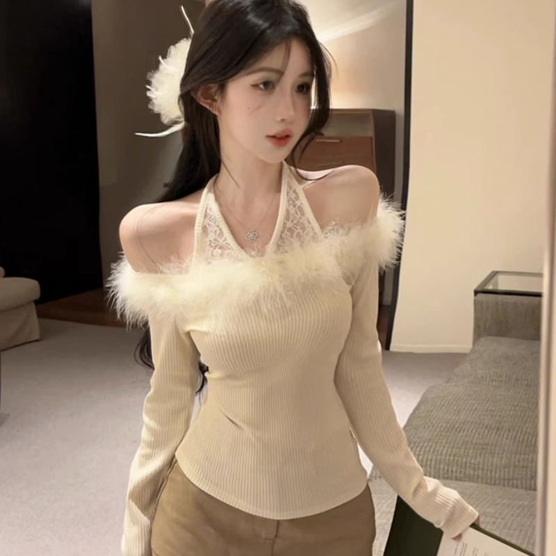 MY16948# 纯欲性感辣妹一字肩挂脖蕾丝拼接针织打底衫女修身显瘦上衣女...