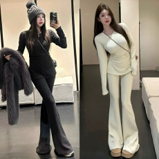 批发巨好看的秋冬季<b class='q'>装</b>一整套韩系慵懒风褶皱开叉长袖T恤微喇<b class='q'>裤</b>两件套