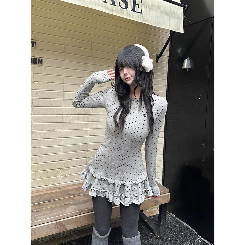 MY16951# 美式复古波点裙摆叠穿长袖t恤女新款百搭休闲内搭上衣潮女裝...