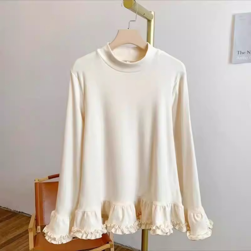 MY16952# 新款韩版木耳花边宽松显瘦圆领长袖T恤女百搭休闲上衣德绒打...