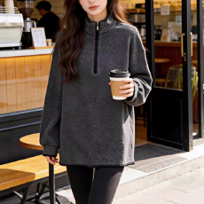 批发灰色立领无帽卫衣女款2026新款秋冬季宽松中长款<b class='q'>百搭</b>减龄女士上衣