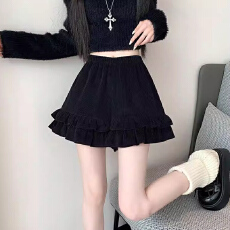 批发小个子外穿热裤子复古灯芯绒荷叶边短裤女秋冬高腰显瘦a字阔腿裤