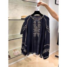 批发【乱麻条】2026新款法式高级感复古<b class='q'>气质</b>小众不撞款藏蓝色印花<b class='q'>衬衫</b>