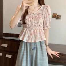 批发法式甜美短袖<b class='q'>衬衫</b>女装<b class='q'>夏季</b>新款小个子百搭宽松荷叶边褶皱减龄上衣