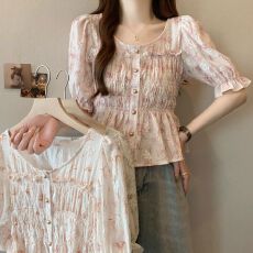 批发【原版做工】法式小香风碎花短袖<b class='q'>衬衫</b><b class='q'>夏季</b>胖mm遮肚收腰泡泡袖上衣