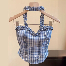 批发法式蓝色<b class='q'>格子</b>挂脖抹胸背心女2026年夏季修身显瘦辣妹露腰短款上衣