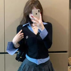 批发秋季韩系春秋假两件polo领长袖t恤女秋<b class='q'>冬</b>修身收腰内搭打底衫上衣