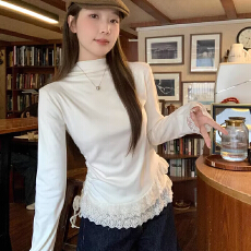 批发2026半高领蕾丝花边抽绳长袖T恤女秋<b class='q'>冬</b>纯欲慵懒修身显瘦上衣女ins