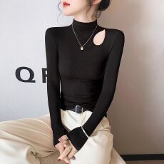 批发【原版做工】黑色半高领打底衫女秋<b class='q'>冬</b>内搭2026长袖设计感镂空上衣