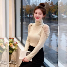 批发设计感网纱高领长袖T恤潮秋冬巨好看轻熟气质修身打底衫女装上衣