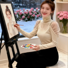 批发小香风网纱拼接打底衫女秋冬新款法式气质半高领洋气百搭减龄T恤