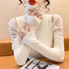 原版做工法式气质小香风网纱拼接女秋季内搭高领洋气长袖上衣