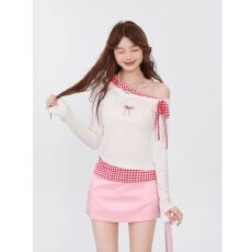 40支酷丝爽棉1×1螺纹白拼红格长袖T恤女春季2026款设计感上衣