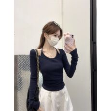 40支酷丝爽棉温柔风长袖T恤女2026秋挂脖假两件设计褶皱小衫