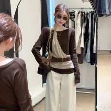 1×1德绒螺纹韩系撞色挂脖假两件长袖t恤女装小众修身打底上衣