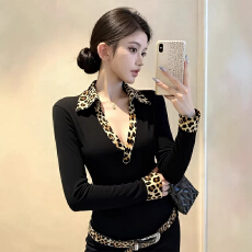 批发美式辣妹性感低胸深v领上衣女秋冬Polo领豹纹长袖T恤打底衫内搭潮