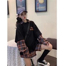 批发2026韩系长袖格子宽松大码假两件polo领上衣字母印花<b class='q'>时尚</b>卫衣<b class='q'>衬衫</b>