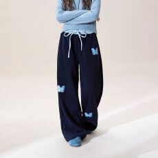 批发韩女慵懒宝蓝色蝴蝶贴布刺绣休闲裤女秋<b class='q'>冬</b>加绒宽松阔腿垂感卫裤