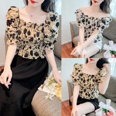 批发2026年夏季新款法式方领碎花<b class='q'>雪纺衫</b>复古收腰衬衫正肩短泡泡袖上衣