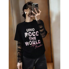 大码短袖t恤女2026春夏季新款时尚洋气设计感字母蕾丝假两件上衣