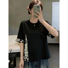 批发【冰丝皱】大码碎花拼接中长款短袖<b class='q'>t</b><b class='q'>恤</b>女新款夏宽松遮肚百搭上衣