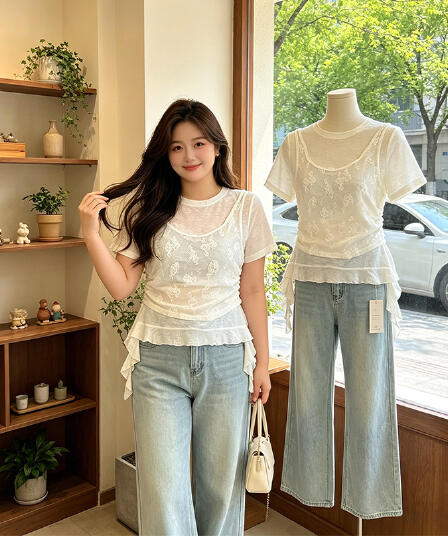 주간 실크 리브 빅 사이즈 프랑스식 불규칙 패치워크 페이크 레이어드 반팔 티셔츠 여성 여름 슬림해 보이는 연령 감소 맨위