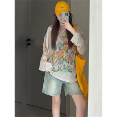 批发美式复古潮牌手绘涂鸦2026夏季透气防晒罩衫长袖T恤女<b class='q'>打底衫</b>上衣
