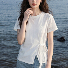 批发【32支纯棉拉架1*1食毛】<b class='q'>大码</b><b class='q'>女</b>拼接短袖T恤2026夏季新款收腰上衣