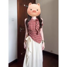 批发韩式不规则挂脖吊带套装女夏新款红格子背心上衣杏色半身裙两件套