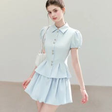 批发学院风浅蓝色<b class='q'>套装</b>甜美少女感收腰泡泡袖衬衫显瘦花苞短裙女