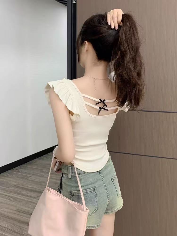 FA35696# 露背性感蝴蝶结纯欲短袖t恤女夏修身前后两穿短款小飞袖方领上衣 服裝批發女裝批發服飾貨源