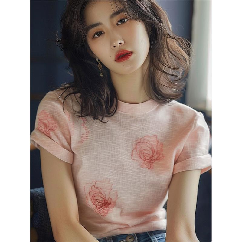 FA35694# 独特别致短袖t恤女新款夏季上衣设计感粉色花朵印花正肩t恤 服裝批發女裝批發服飾貨源