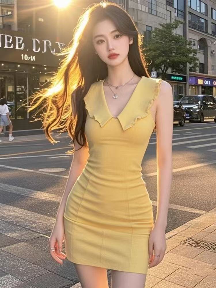 FA35684# 娃娃领连衣裙女新款夏季性感包臀裙高级感独特无袖背心裙子 服裝批發女裝批發服飾貨源