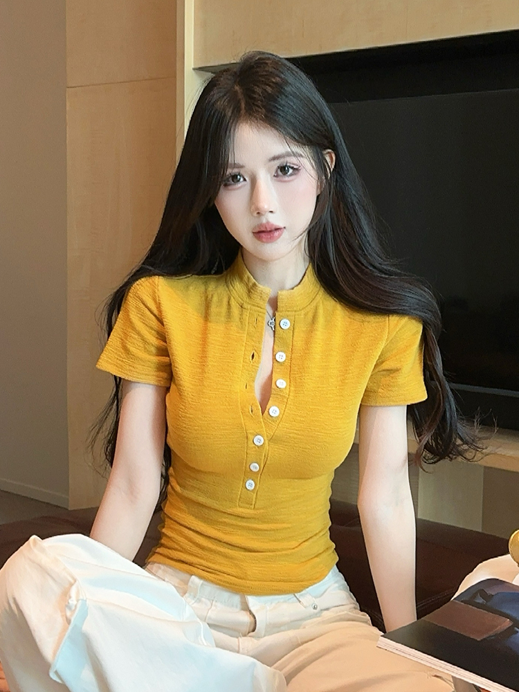 FA35673# 纯欲纽扣设计感辣妹纯欲风夏季新款短袖t恤短款修身显瘦上衣 服裝批發女裝批發服飾貨源