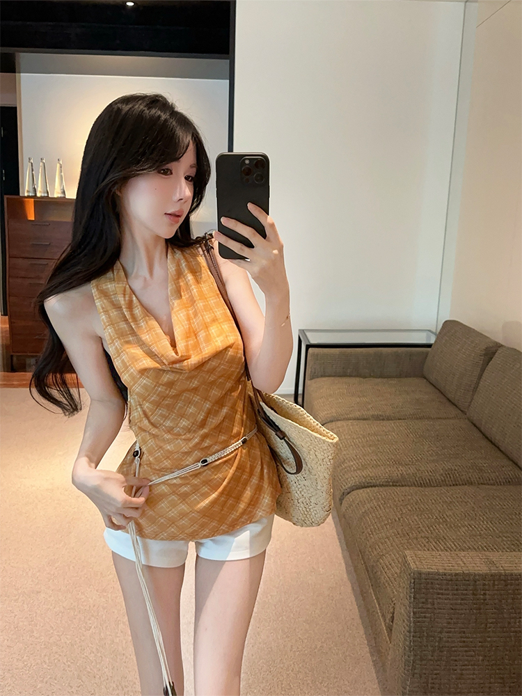 FA35669# 送绑带设计感挂脖荡领背心小衫女夏季收腰显瘦别致网纱上衣 服裝批發女裝批發服飾貨源