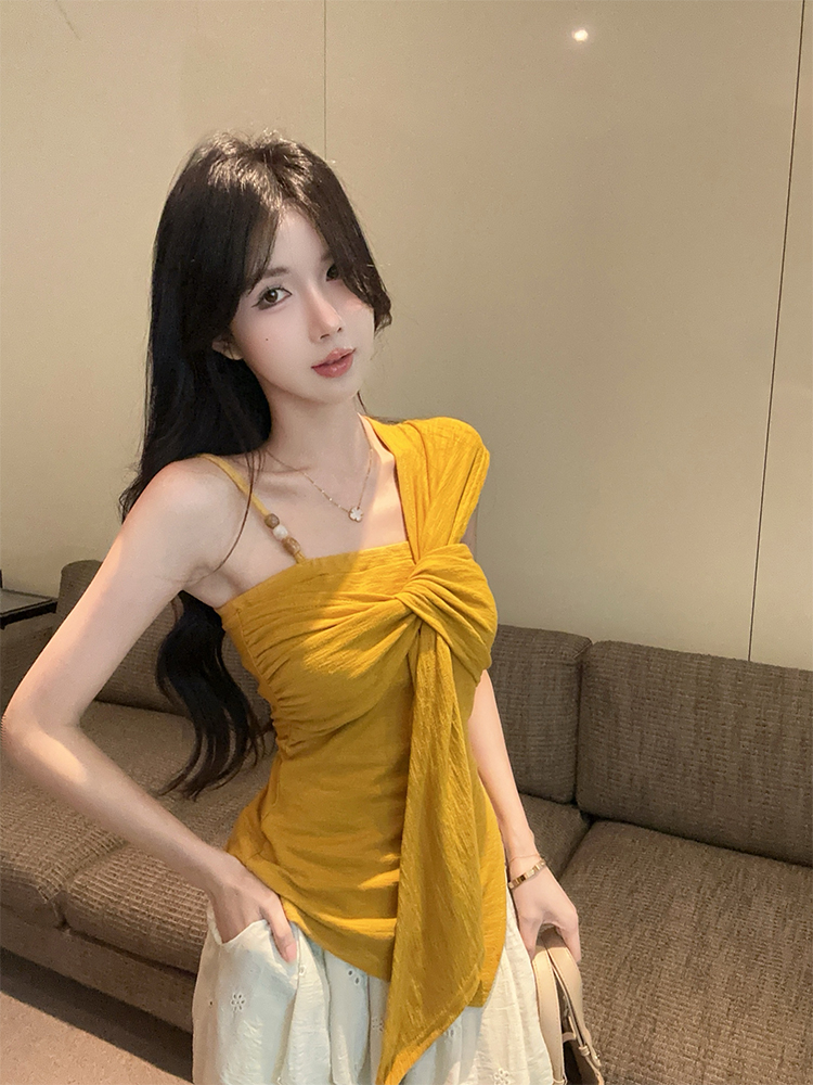 FA35670# 纯欲辣妹露肩扭矩t恤女夏季新款修身显瘦设计感小众上衣 服裝批發女裝批發服飾貨源