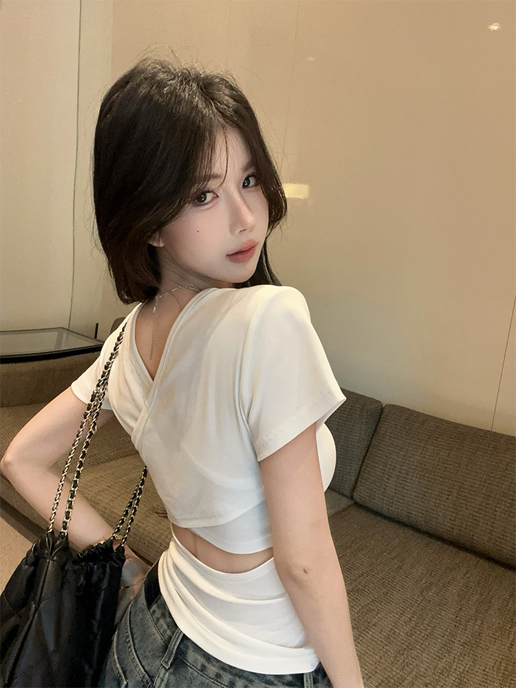 FA35687# 纯欲后背交叉露背短袖t恤女夏季新款小心机辣妹百搭上衣 服裝批發女裝批發服飾貨源