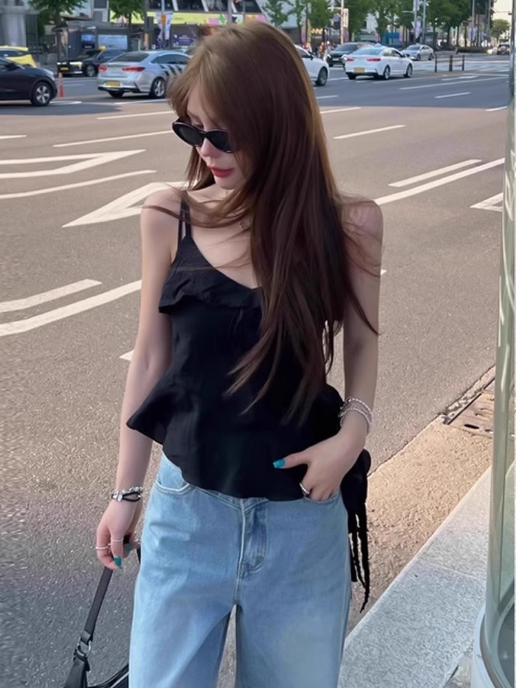 FA35681# 不规则飘带黑色吊带背心女夏外穿设计感小众辣妹穿搭显瘦无袖上衣 服裝批發女裝批發服飾貨源