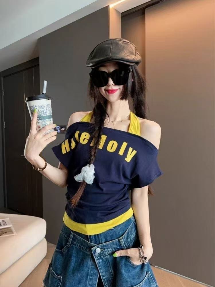 FA35680# 设计感时尚字母印花露肩挂脖短袖T恤女夏季新款显瘦短款上衣 服裝批發女裝批發服飾貨源