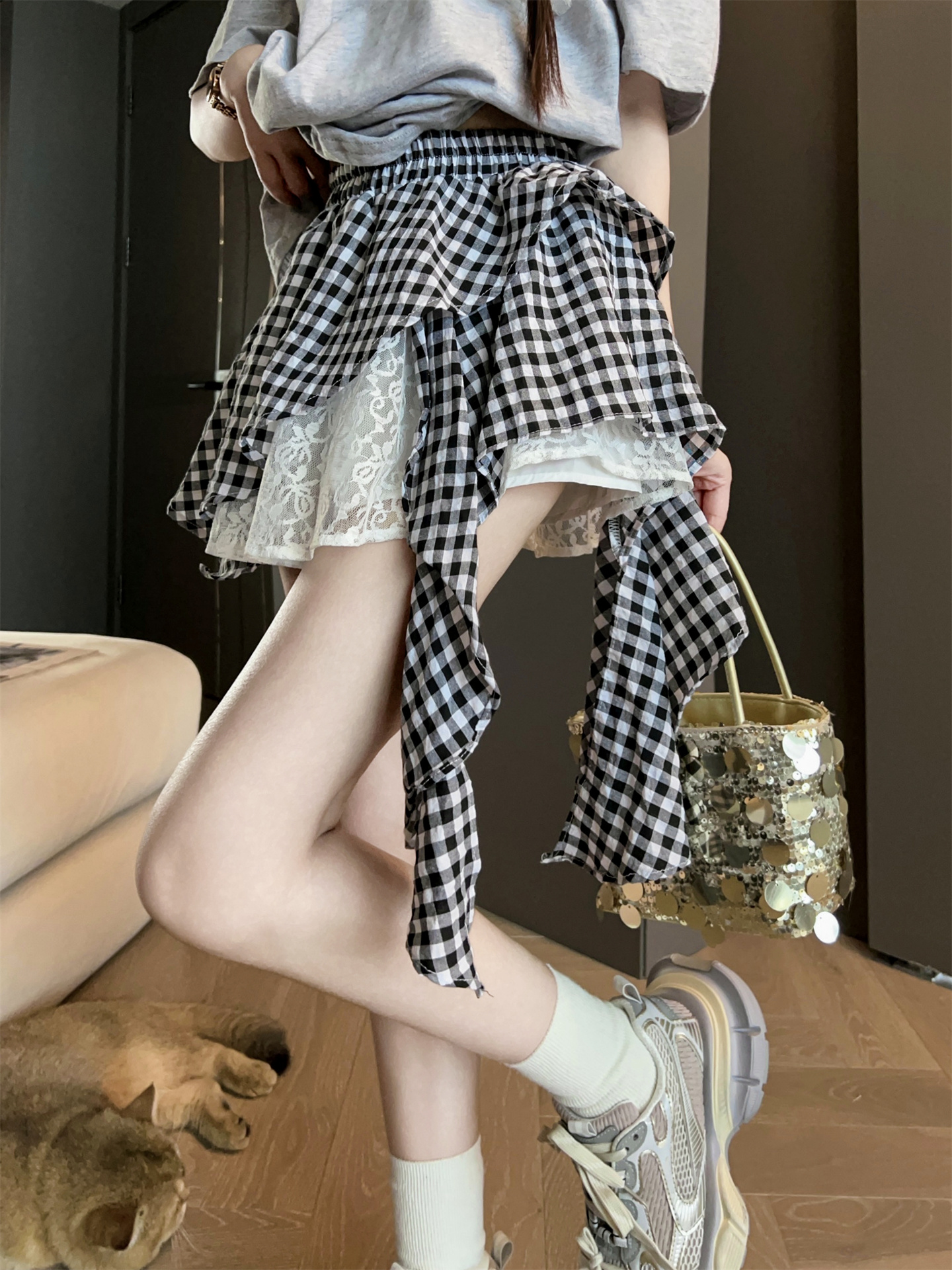 FA35676# 设计感复古街头不对称网格高腰短裙夏季新款显腿长时尚半身裙 服裝批發女裝批發服飾貨源